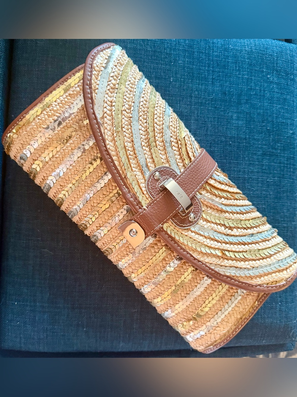 Rafe Gold & Silver Sequins on Woven Straw Clutch with Leather Trim